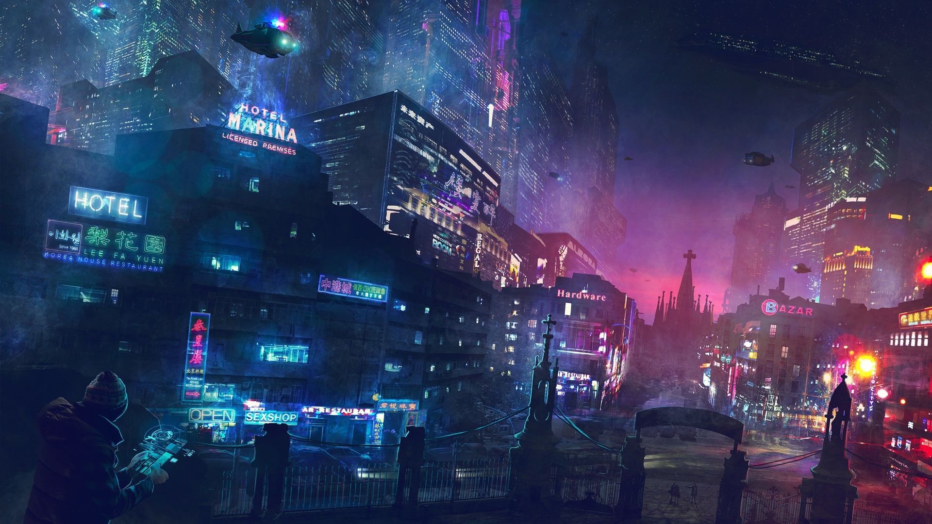 Sci Fi, Futuristic City, Neon Lights, Skyscrapers, Buildings
