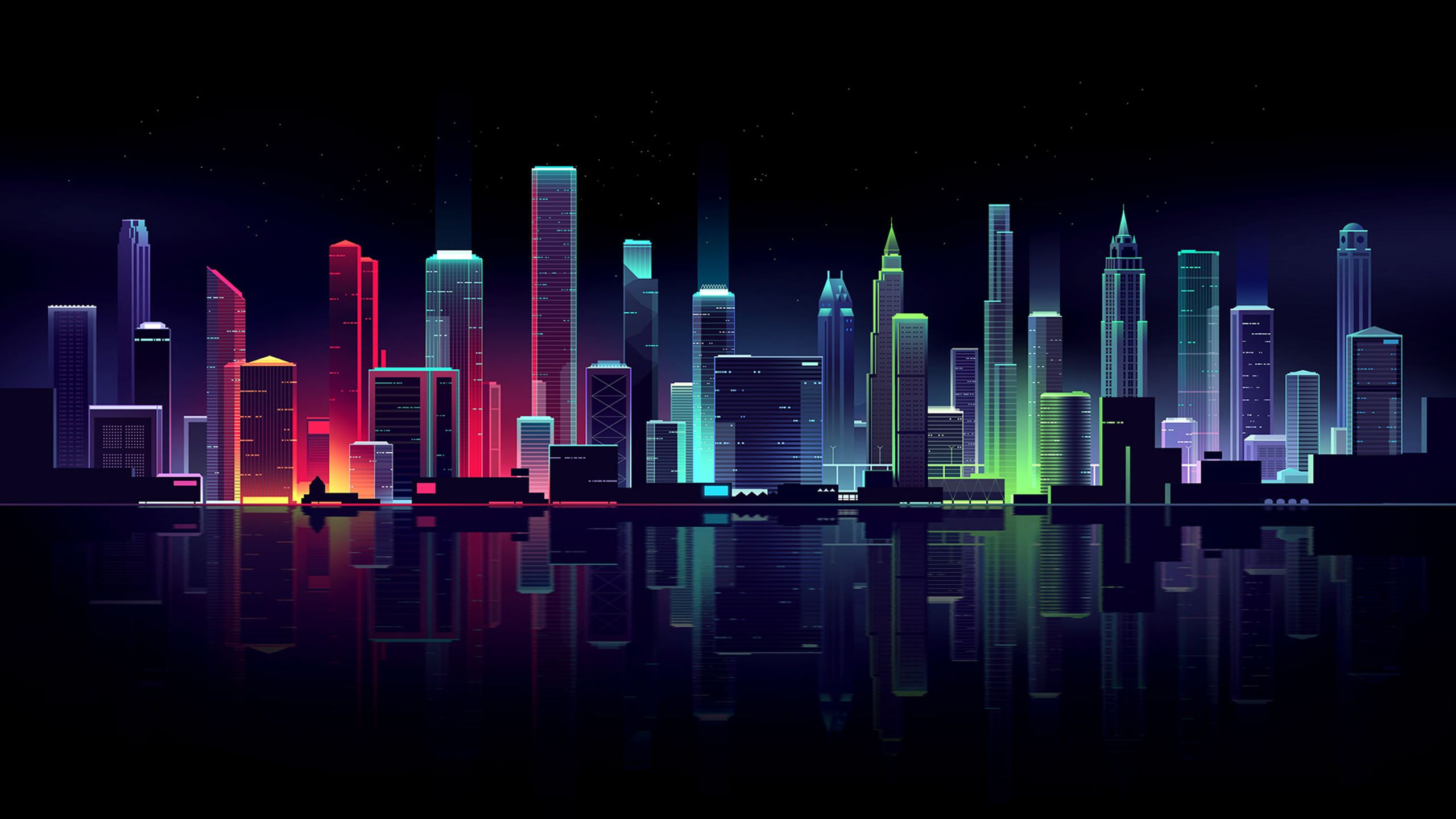 Romain Trystram, building, lights, illustration, cityscape