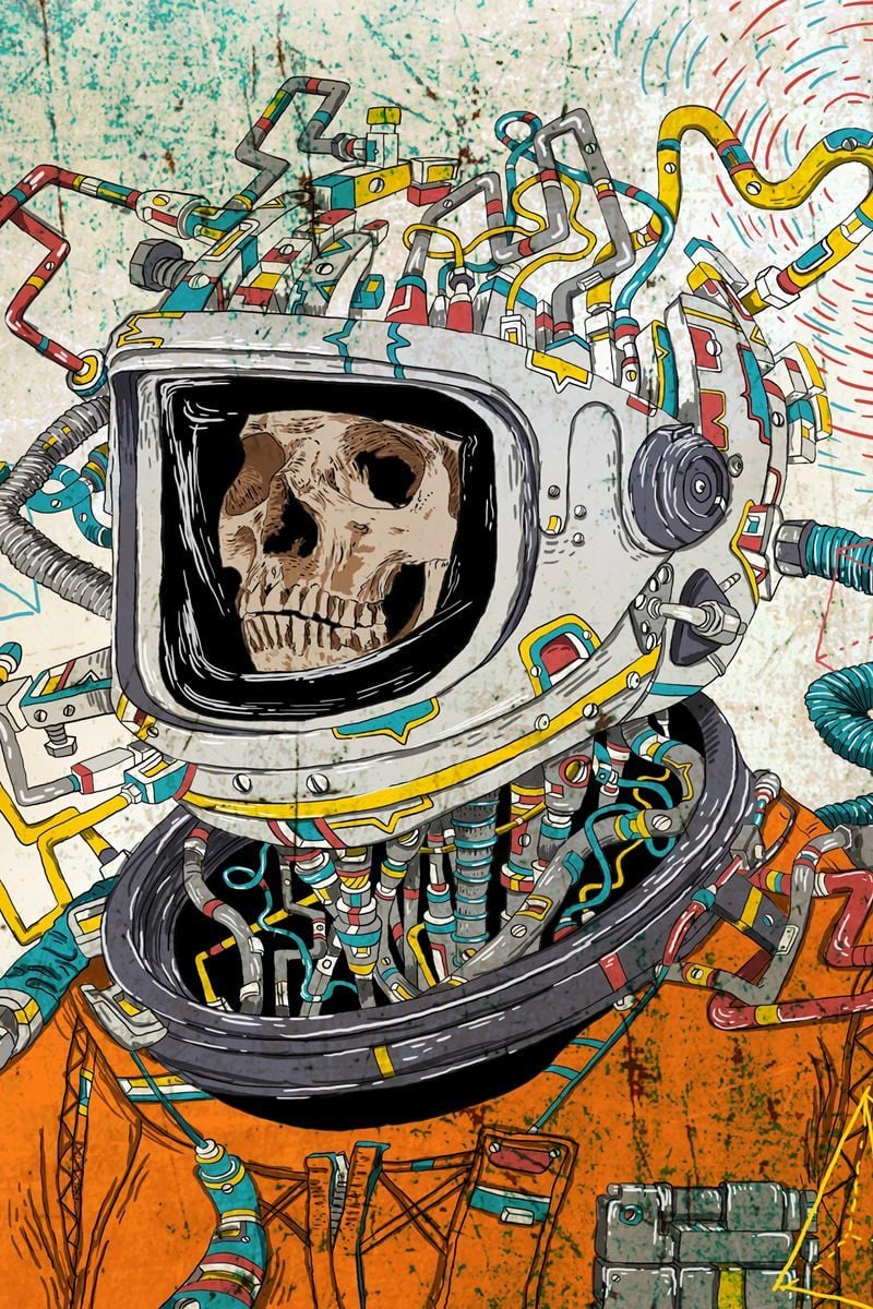 Download wallpaper 800x1200 skull, space suit, art, astronaut