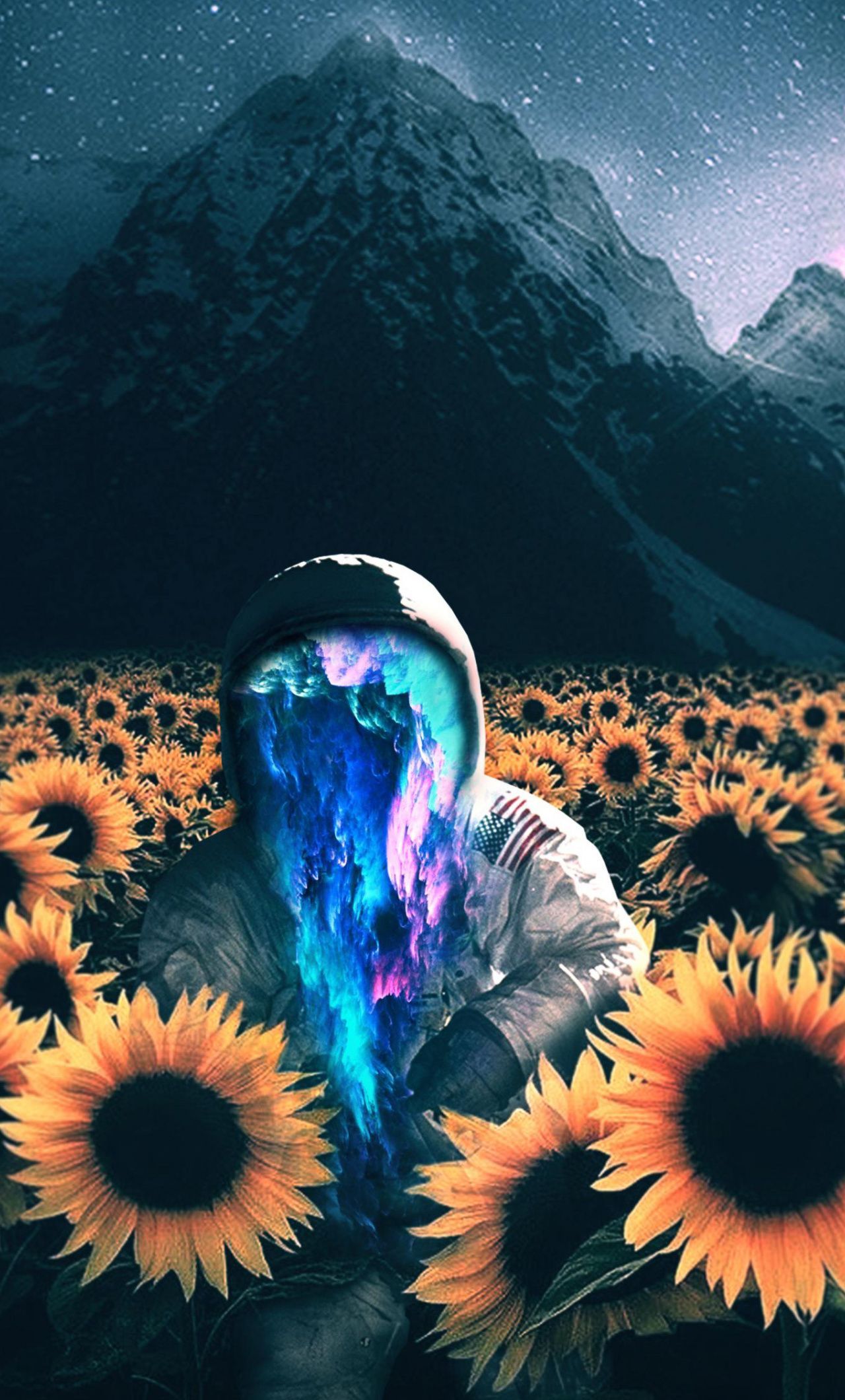 Astronaut, sunflower farm, mountains, surreal, 1280x2120 wallpaper
