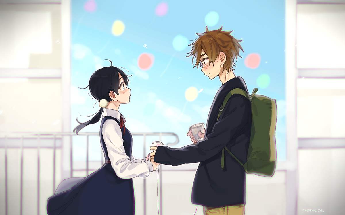 black hair blush brown hair dress drink kitashirakawa tamako male