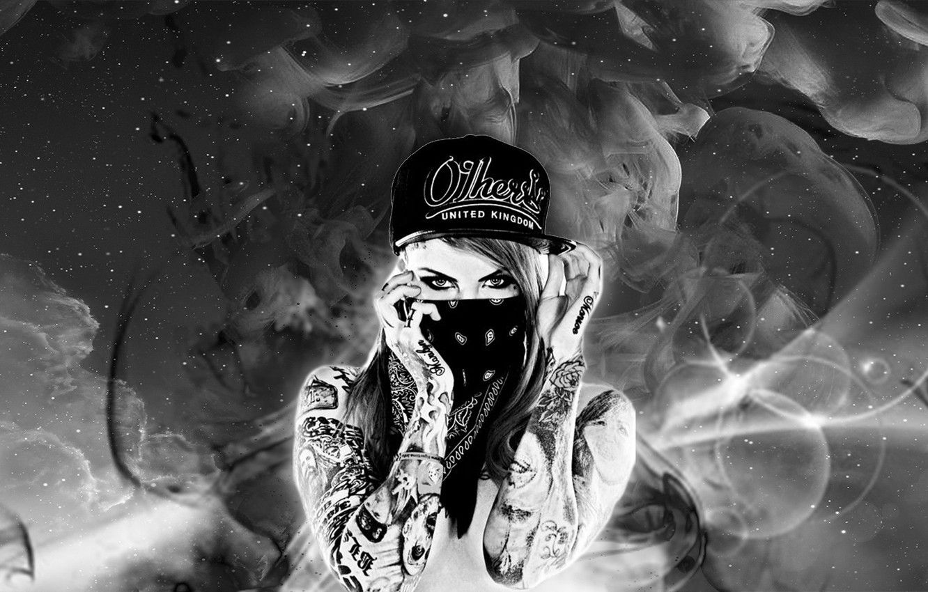Wallpaper black&white, girl, smoke, tatoo, grayscale image