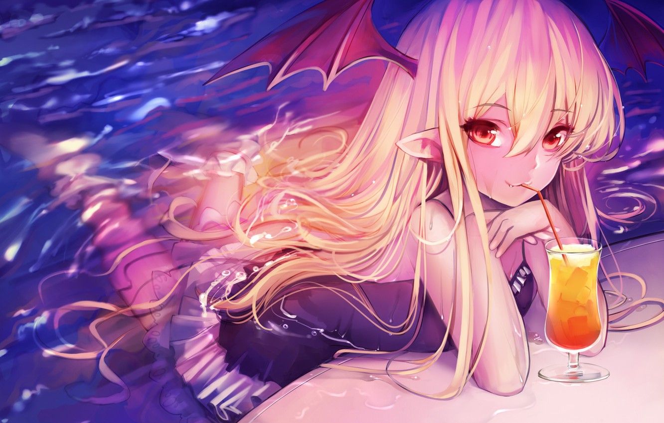 Wallpaper wet, long hair, girls, anime, red eyes, blonde, drink