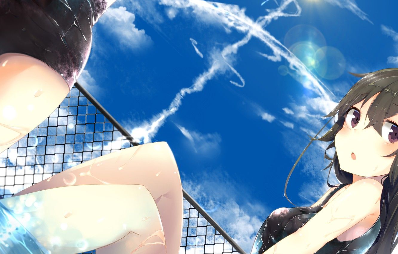 Wallpaper swimsuit, the sky, girl, clouds, wet, anime, pool, art, nmaaaaa image for desktop, section прочее