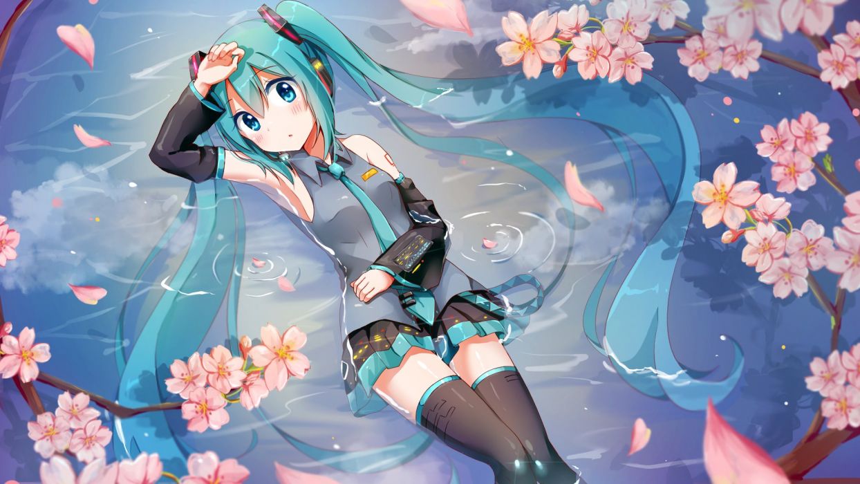 Anime girl blue eyes blush green hair headphones long hair