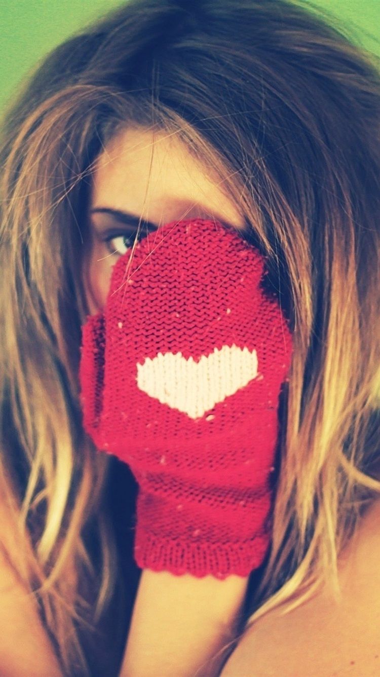 Girl Hidden Her Face, Glove, Love Heart 750x1334 IPhone 8 7 6 6S