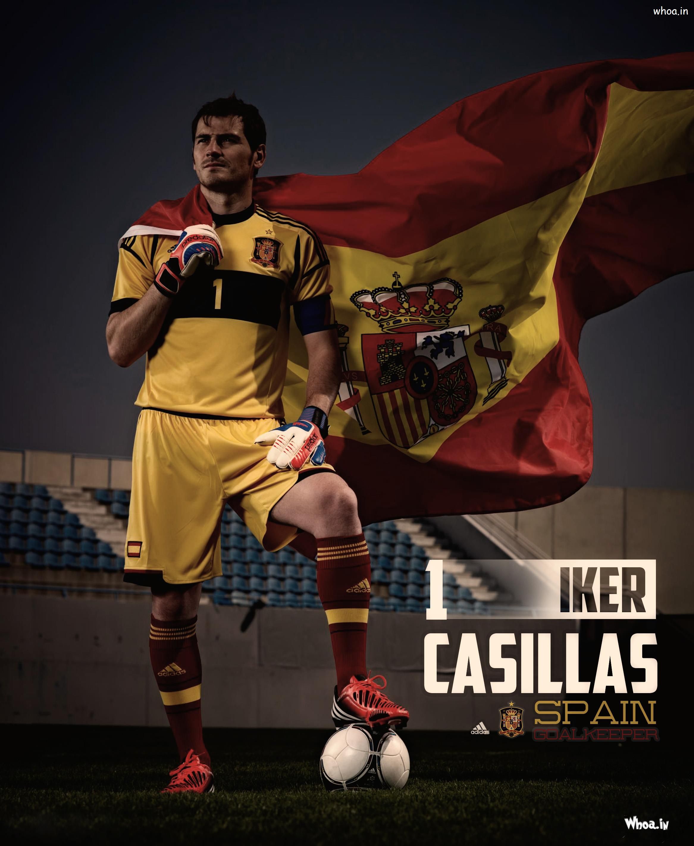 The Spain Goalkeeper Iker Casillas With Spain National Flag HD Image