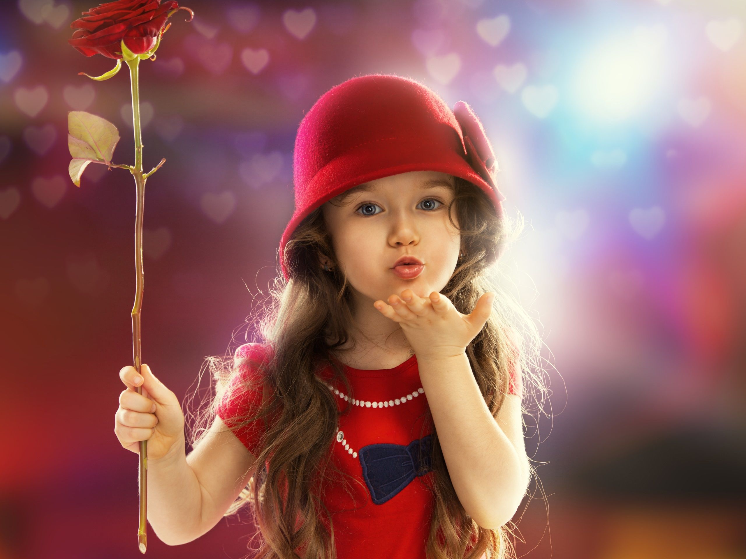 Cute red dress little girl, child, sweet kiss wallpaper 2560x1920