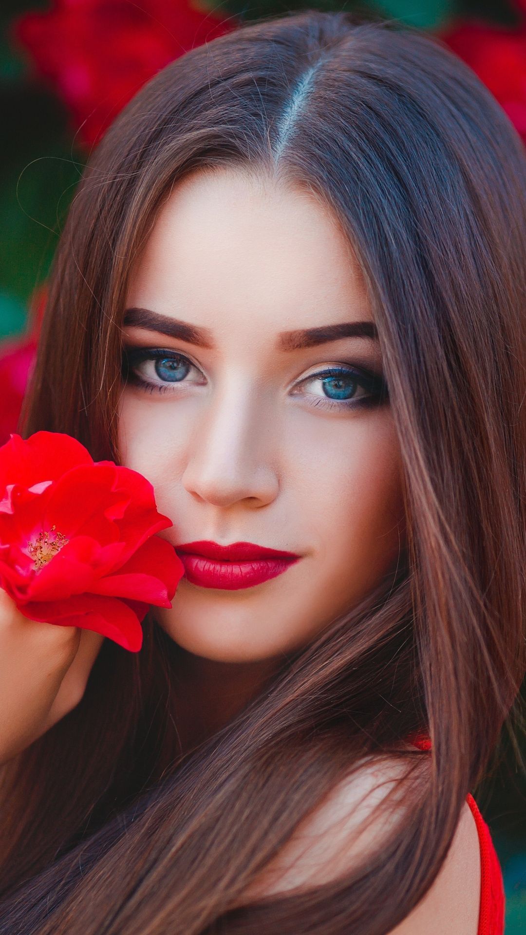 Blue eyes, woman with flower, red, outdoor, photohoot, 1080x1920