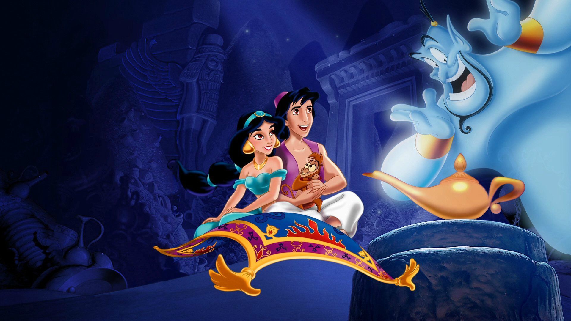 Monkey Abu Aladdin and Jasmine flying carpet Disney cartoons