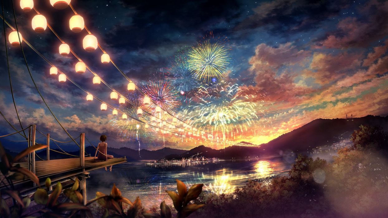 Clouds landscapes trees fireworks scenic anime anime girls cities chinese lantern wallpaperx1500