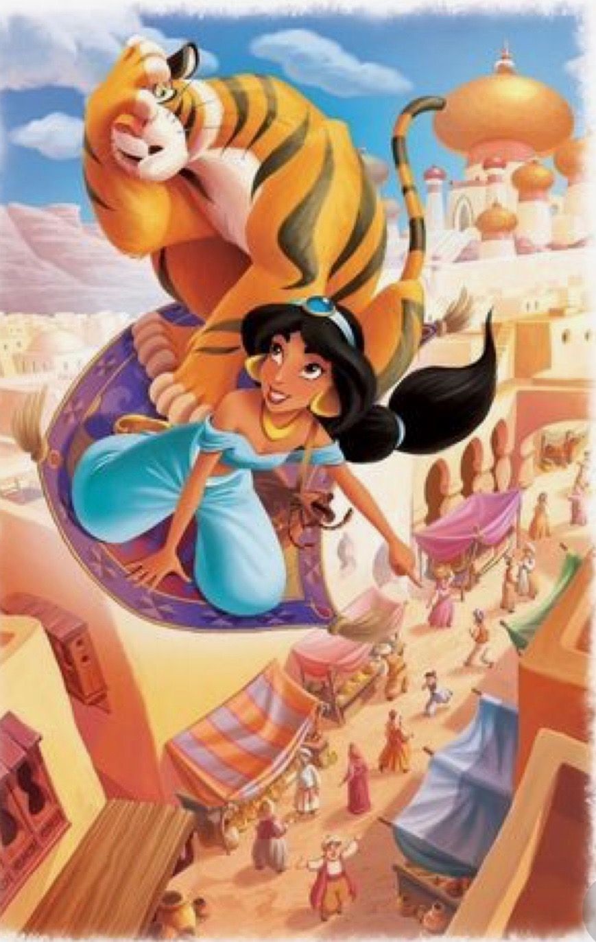 Jasmine and Rajah on a flying carpet, Disney's Aladdin. Disney