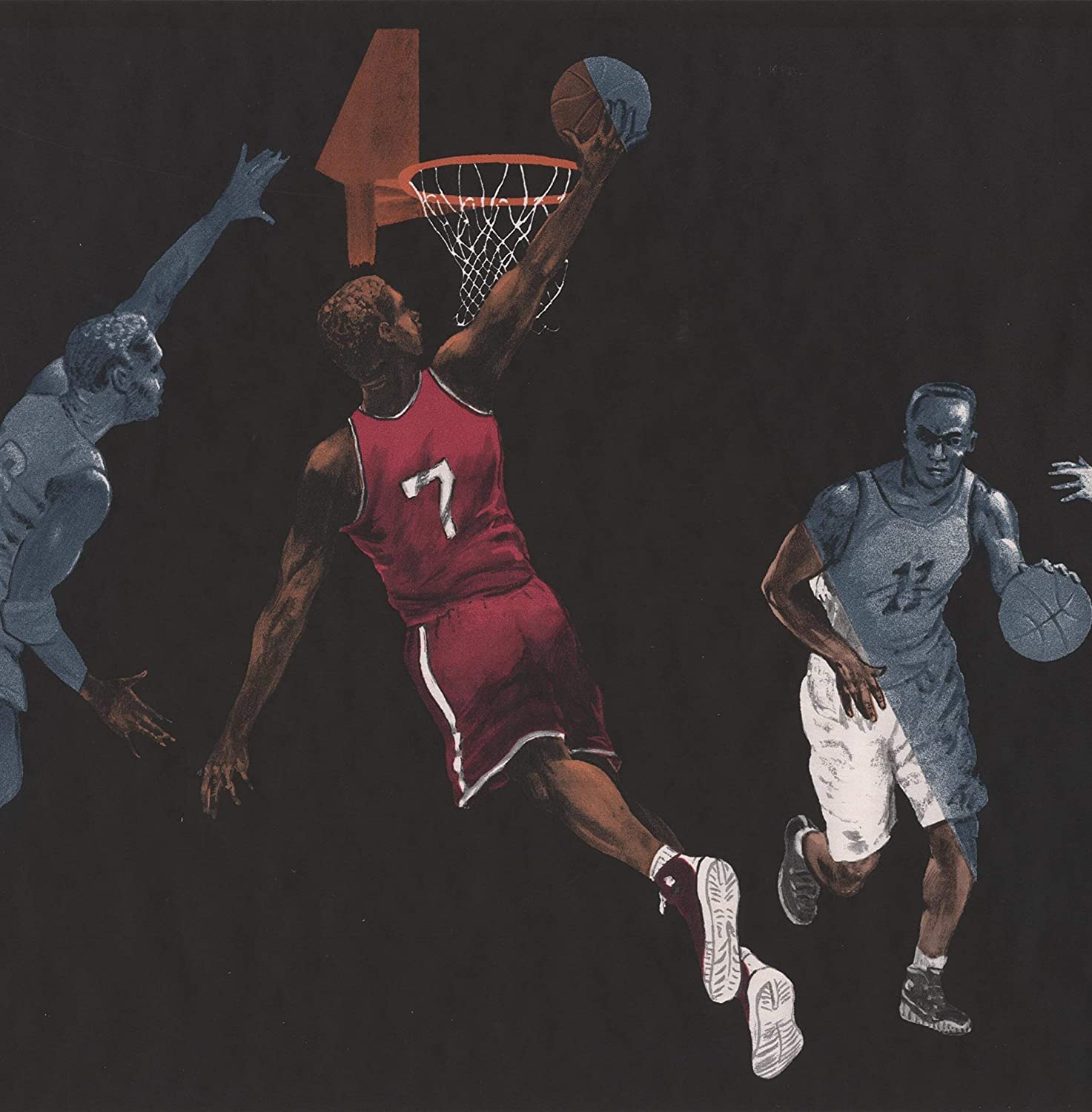 Basketball Players Black Sports Wallpaper Border Retro Design, Roll 15' x 10.5''
