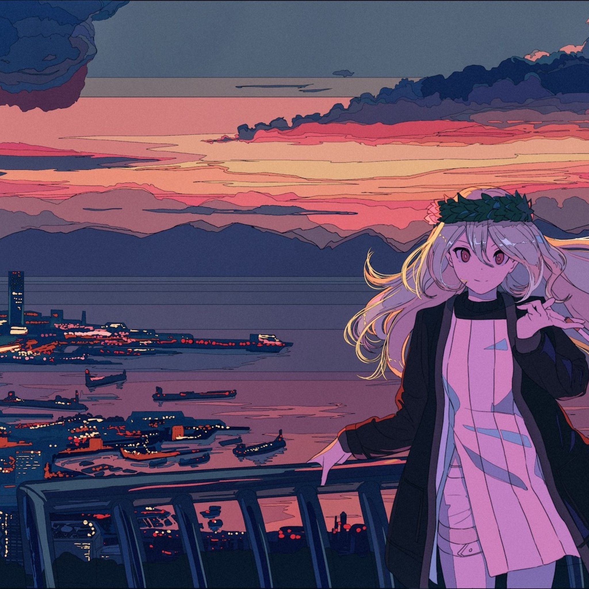 Anime Girl In Balcony Cityscape Sea And Sunset iPad Air