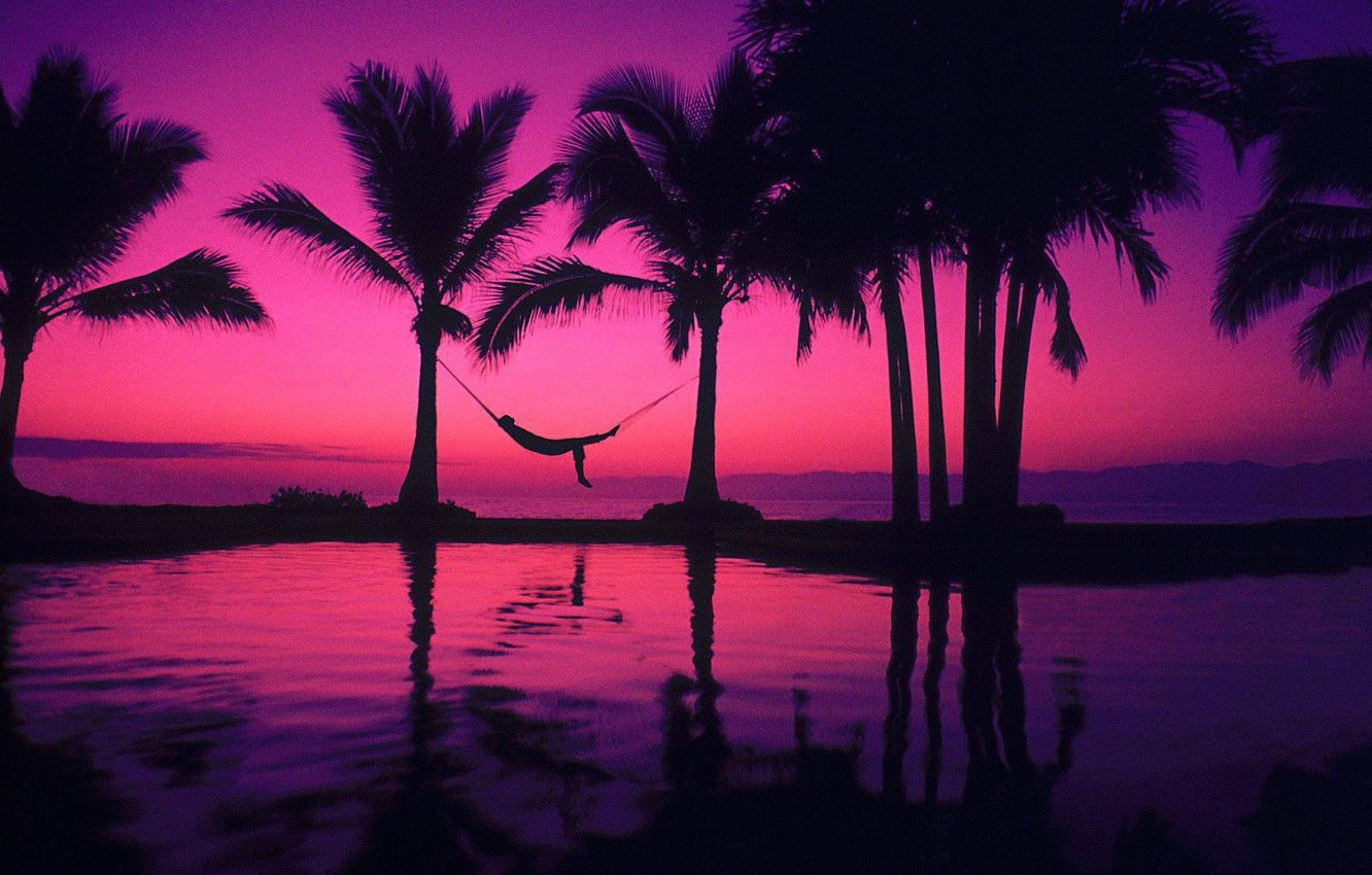 Wallpaper pool, beach, man, mood, pleasure, palms, hammock, purple