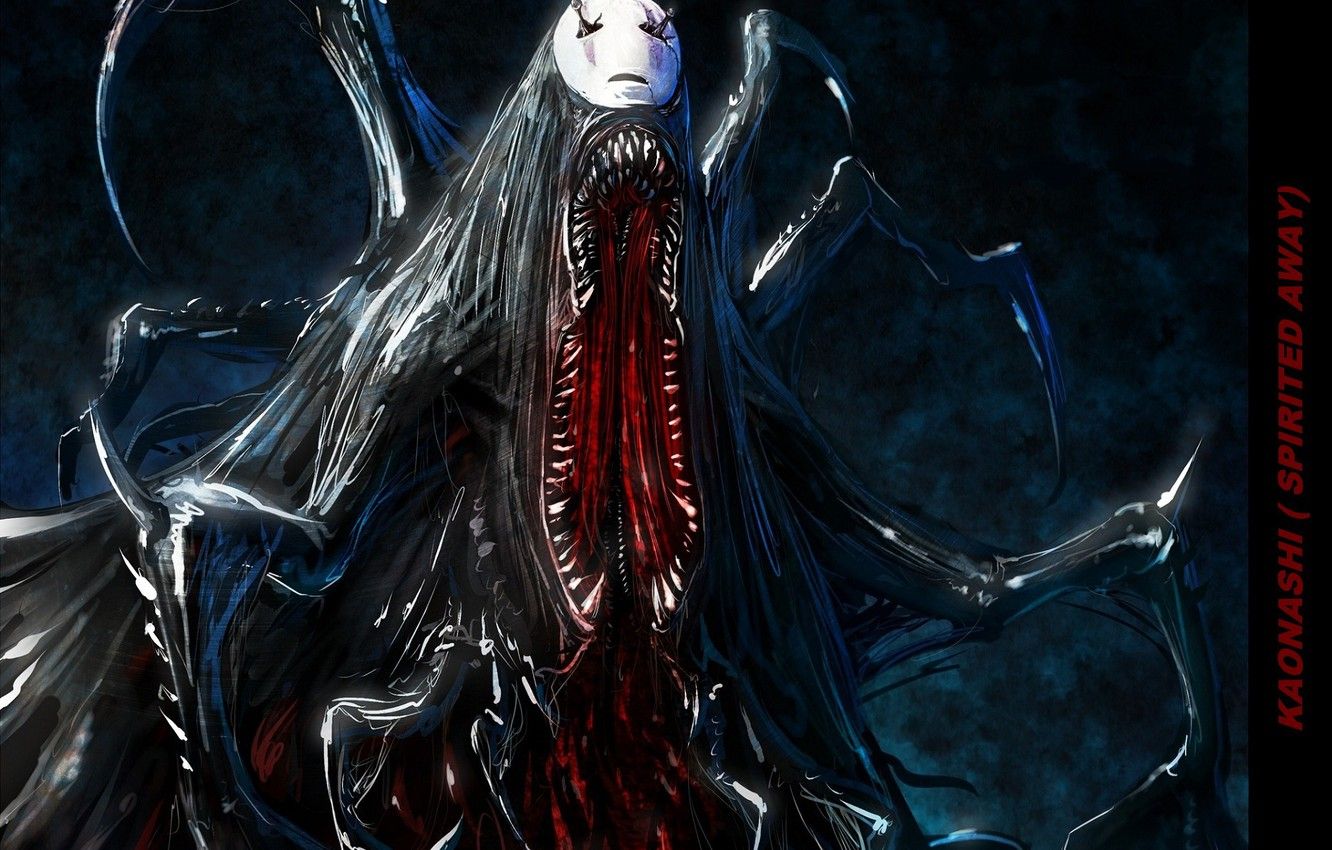 Wallpaper fear, blood, monster, teeth, mask, mouth, horror, faceless, Spirited Away, Spirited away, the tentacles, kaonashi image for desktop, section сёнэн