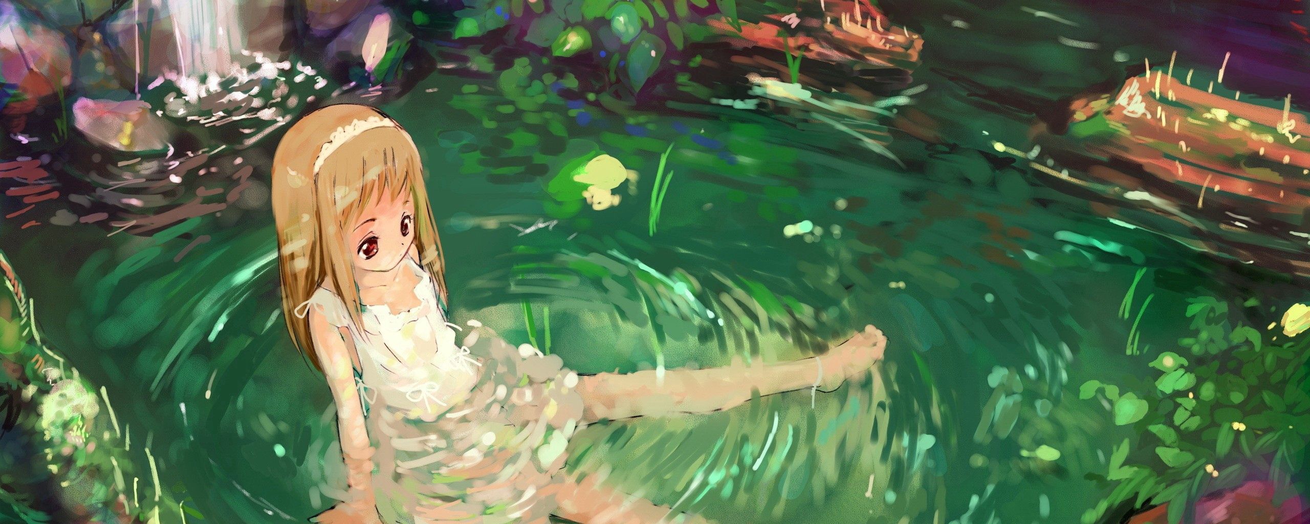 Download wallpapers 2560x1024 anime, girl, nature, water, sadness
