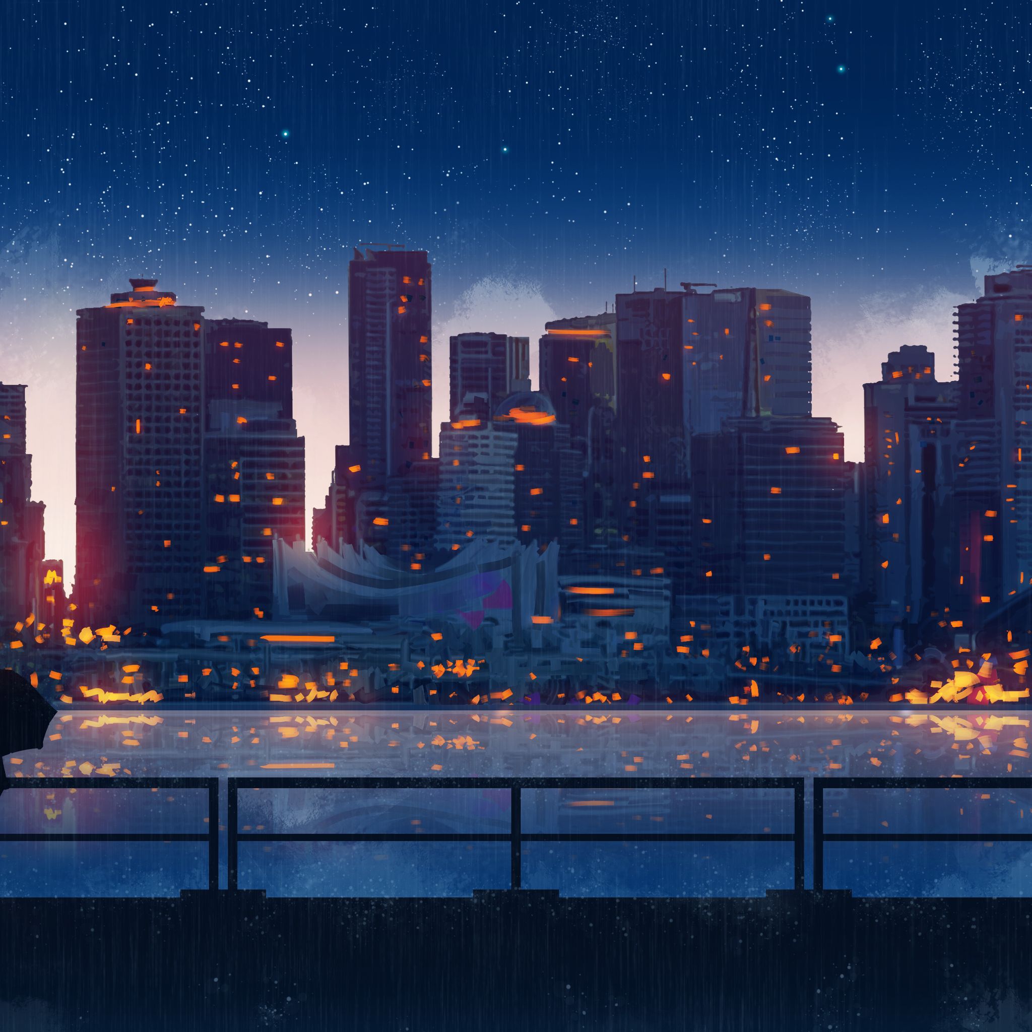 Anime City Lights Night Rain Umbrella Sky 5k iPad Air HD