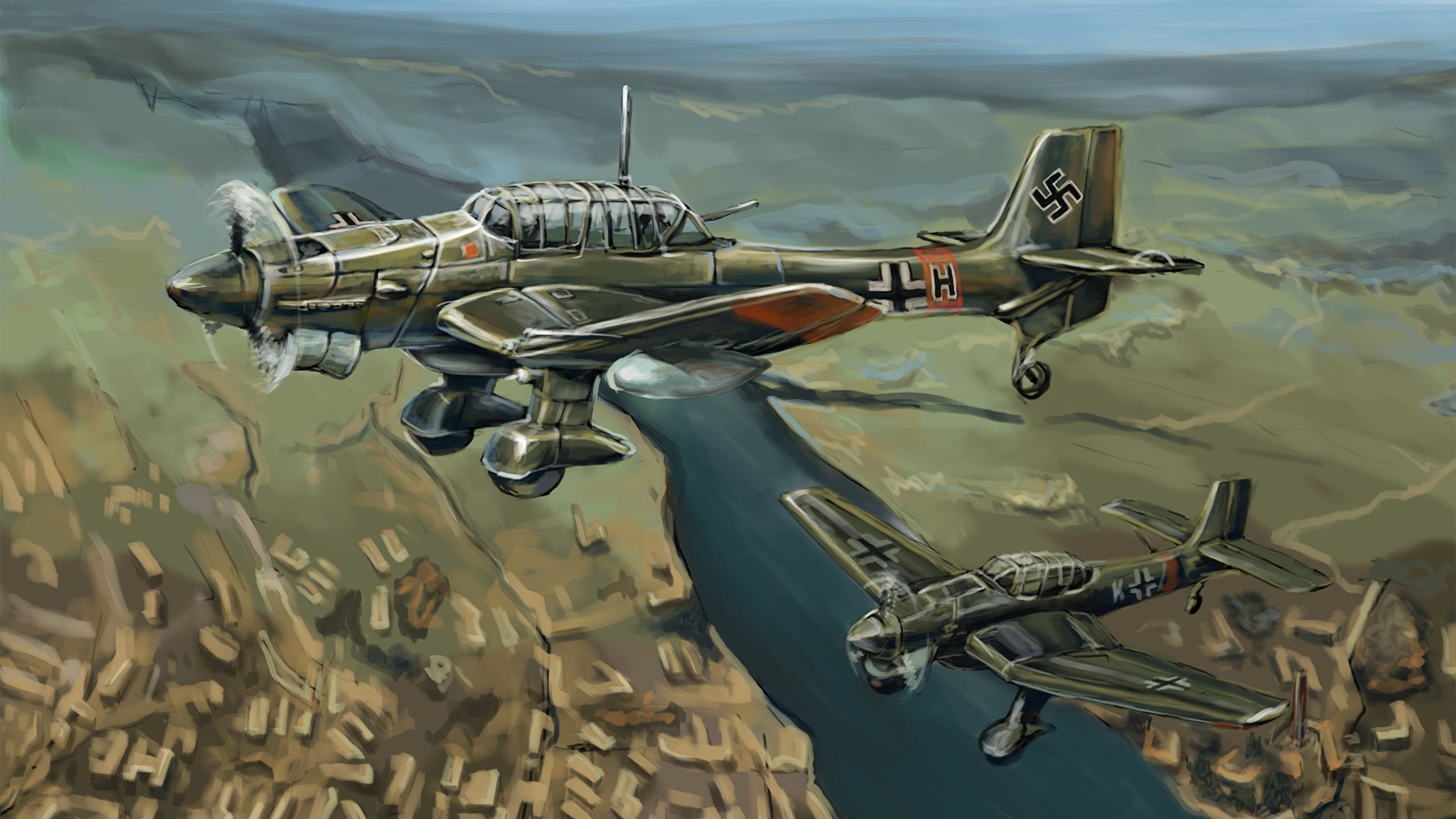 Wallpaper Airplane German Junkers Ju.87 Stuka Painting Art 2560x1440