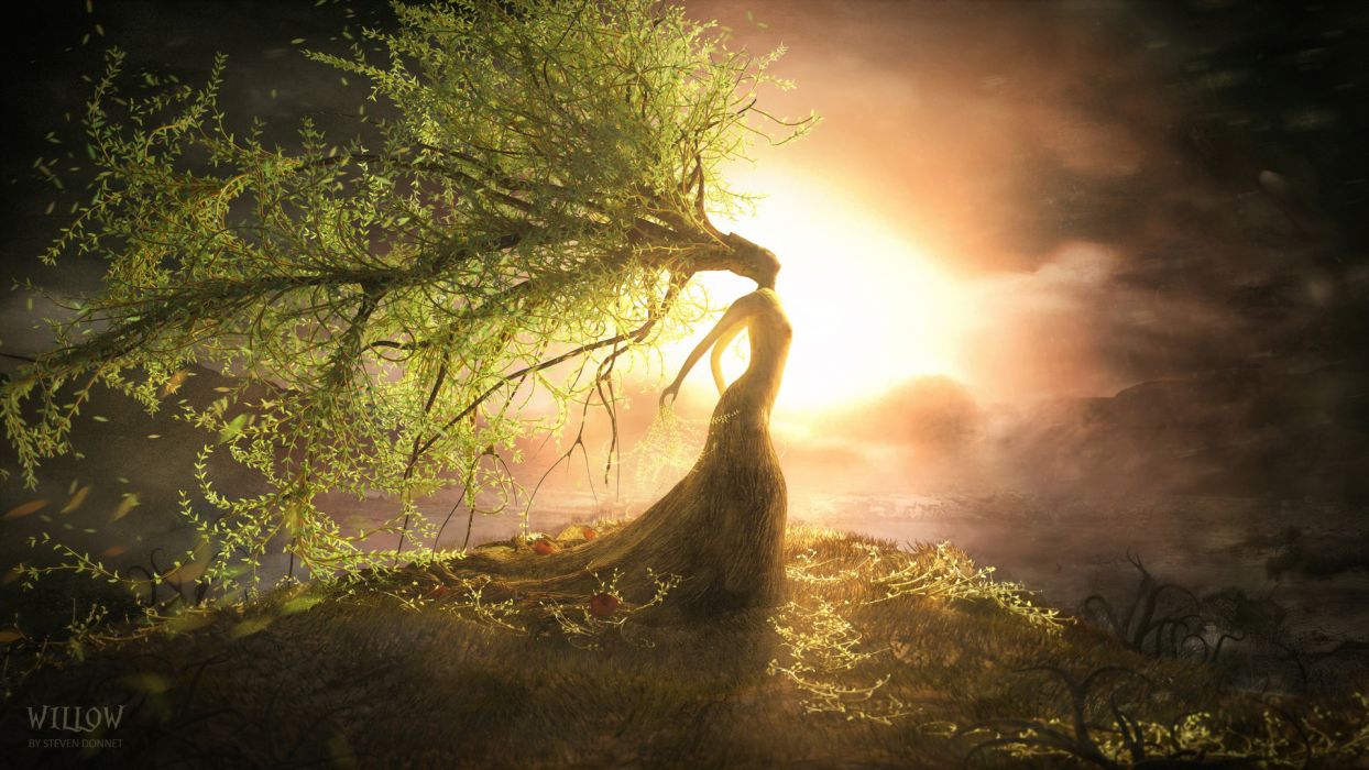 Fantasy art willow landscapes mood trees sunset sunrise women gods wallpaperx1080