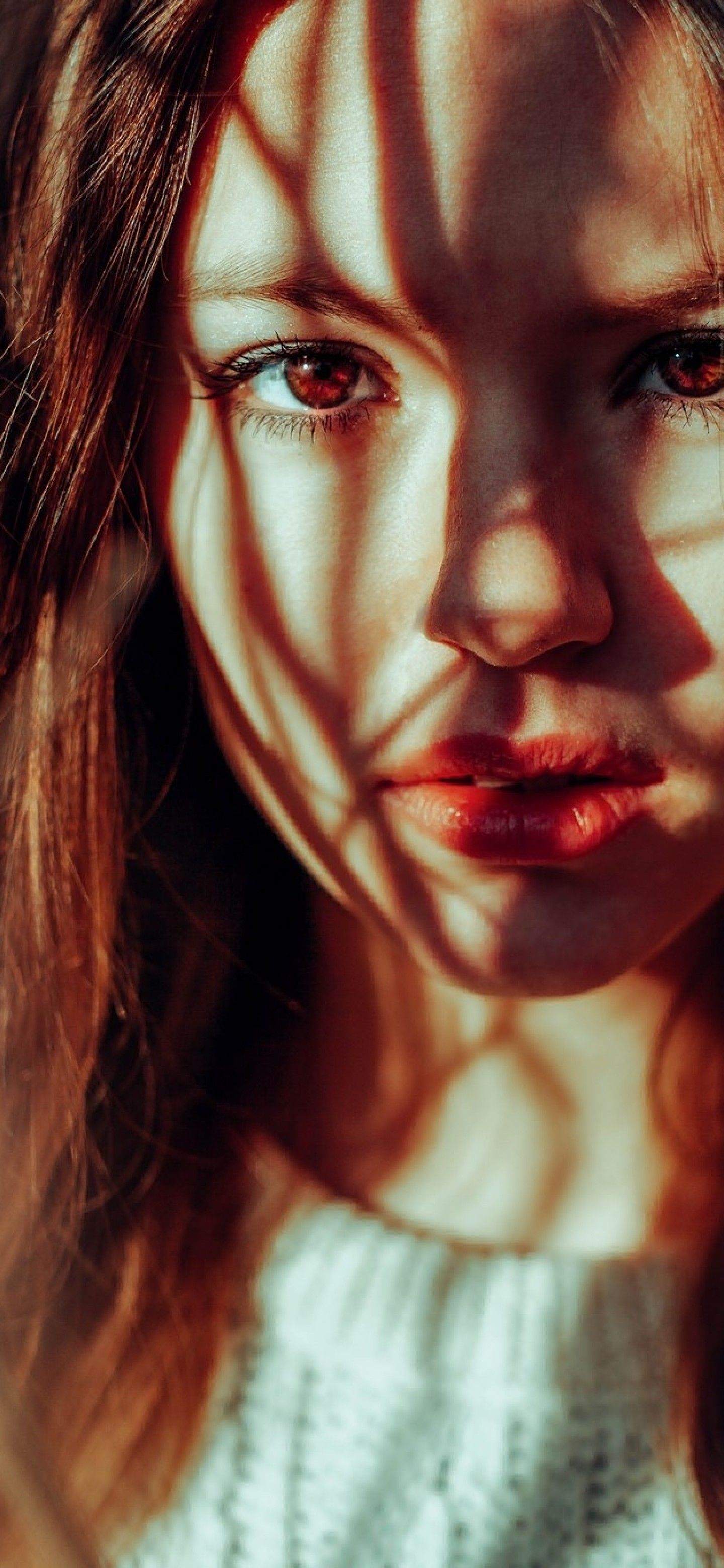 Download 1440x3120 Brunette, Red Lipstick, Face Portrait, Shadow