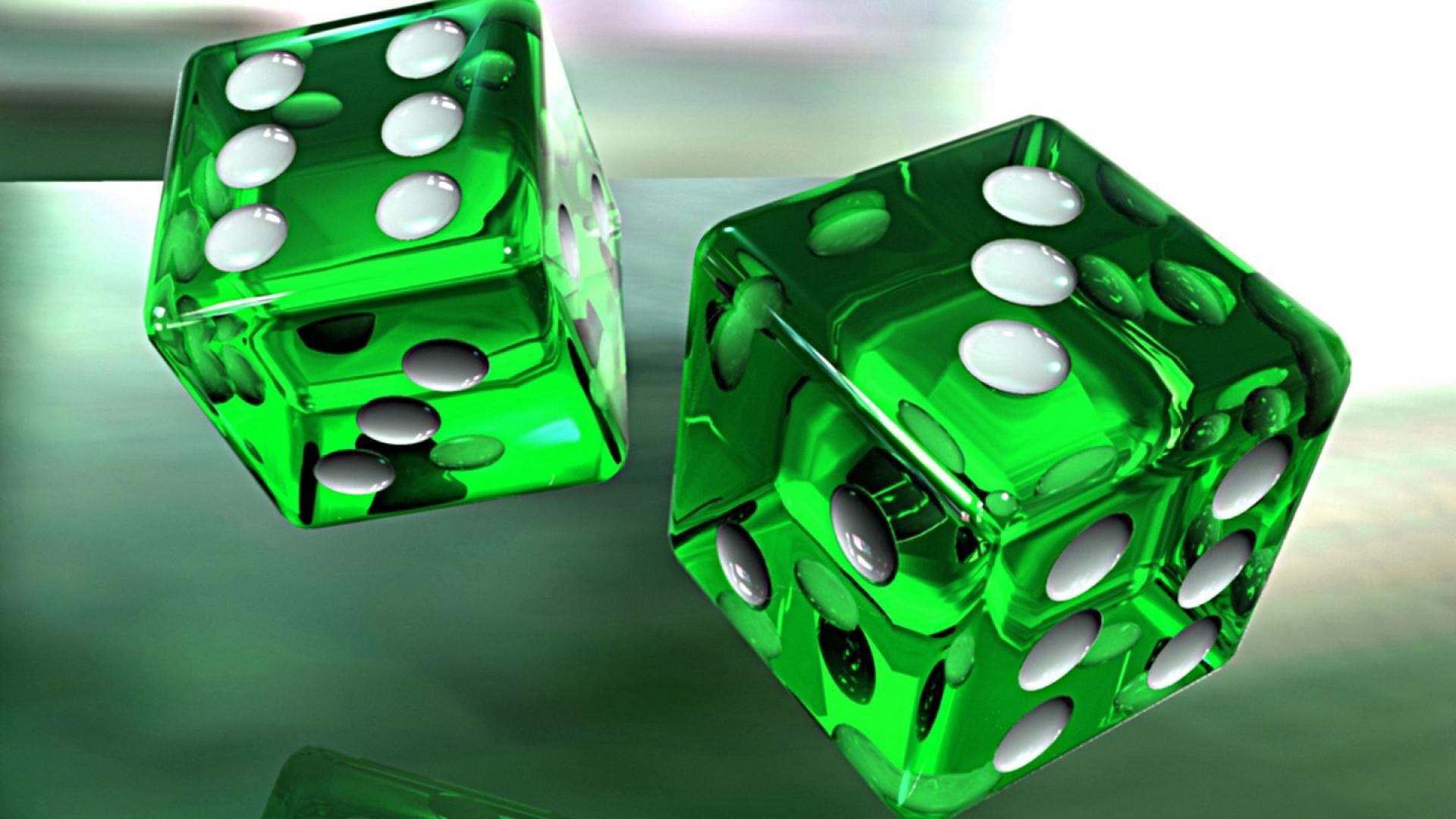 Two green dice in air