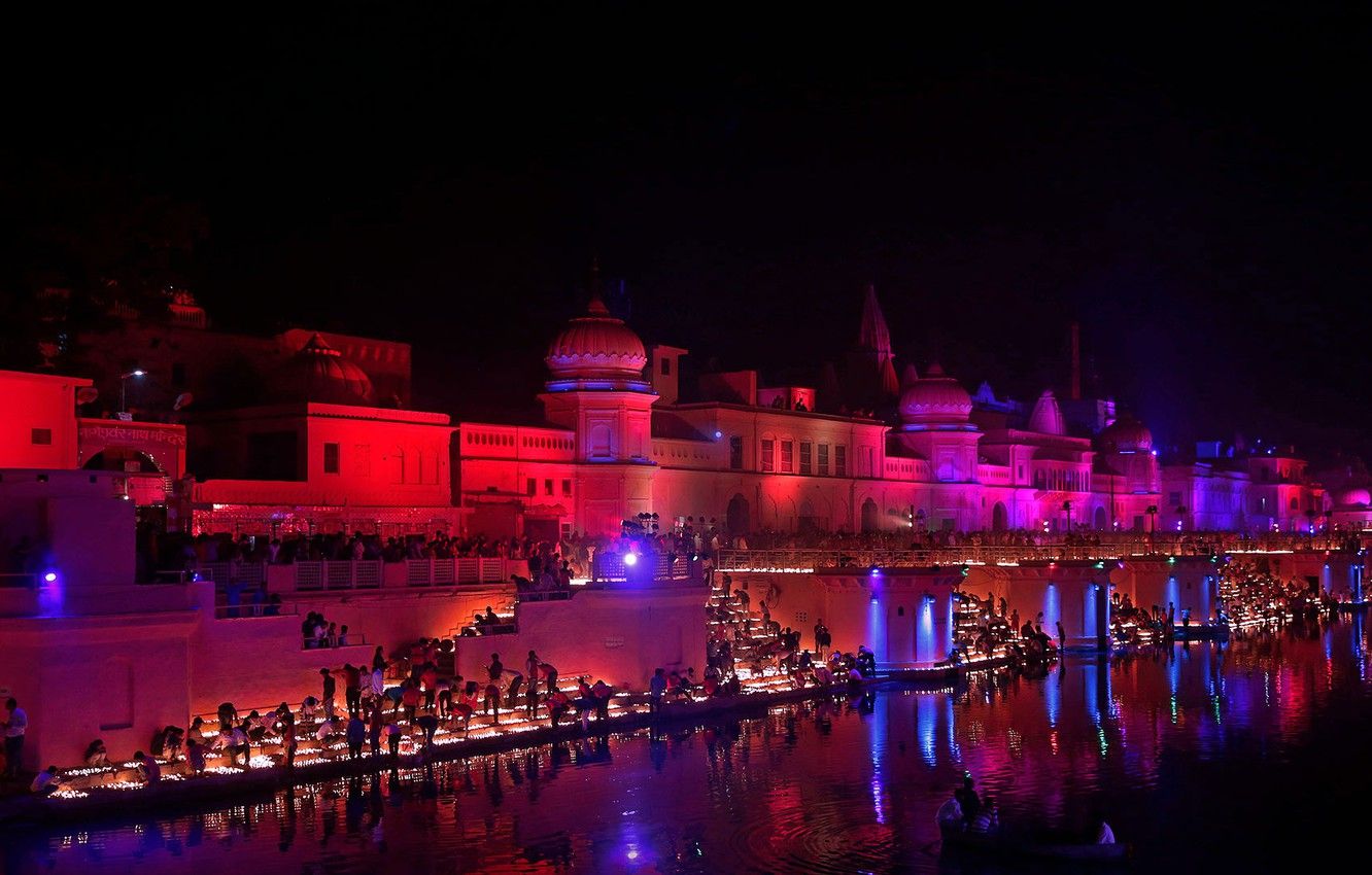 Wallpaper night, lights, India, river Barn, Ayodhya image