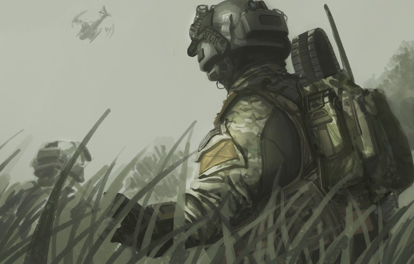 Wallpaper the sky, grass, figure, art, helicopter, helmet, Call of Duty, backpack, fighters, Black Ops - for desktop, section игры
