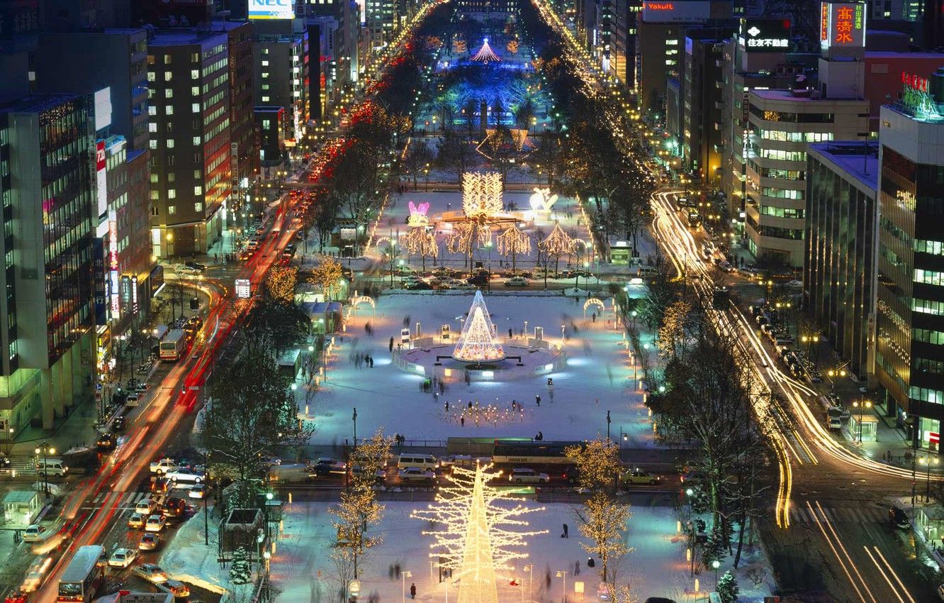 Wallpaper night, lights, holiday, Japan, New Year, Sapporo, Odori Park, the island of Hokkaido image for desktop, section город
