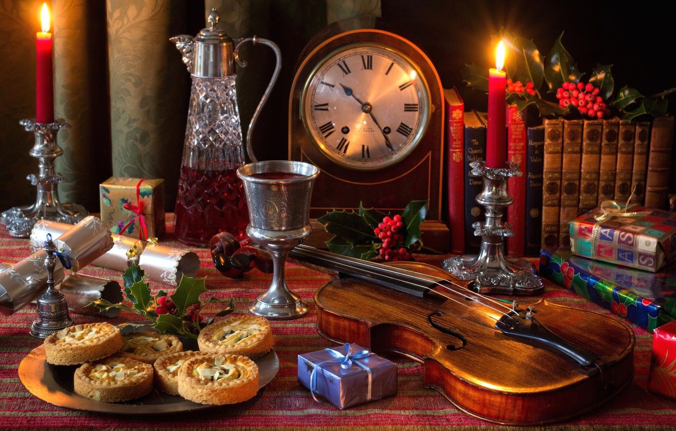 Wallpaper wine, violin, watch, glass, books, candles, cookies