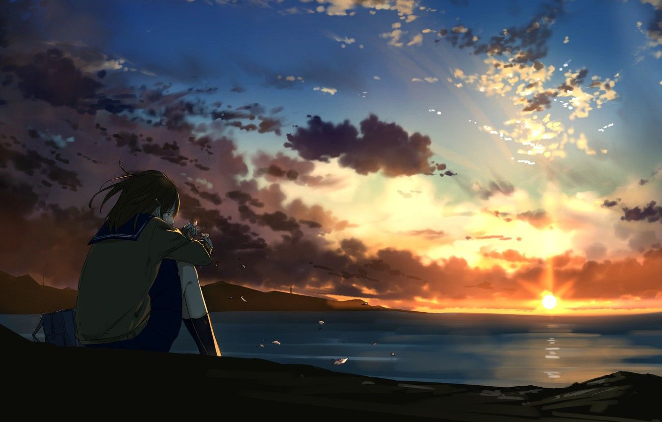 Wallpaper sunset, anime, art, girl, sitting image for desktop, section арт