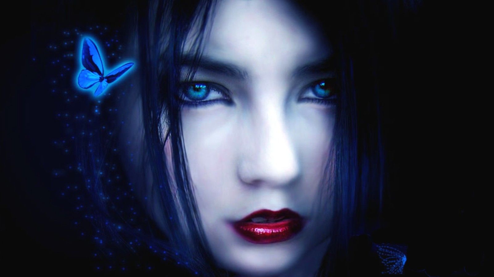 women dark blue eyes gothic black hair butterflies High Quality