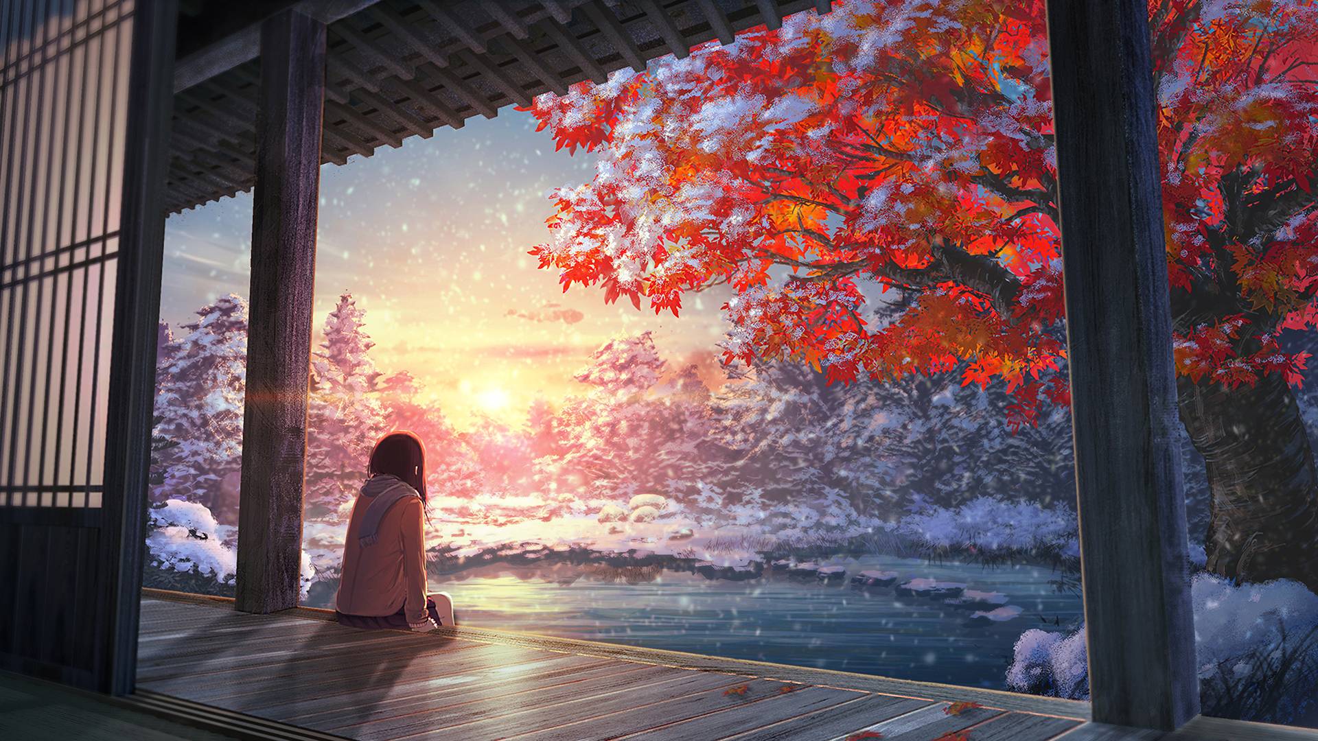 #trees, #anime, #anime girls, #short hair, #sunset, #winter, #scarf, wallpaper HD Wallpaper
