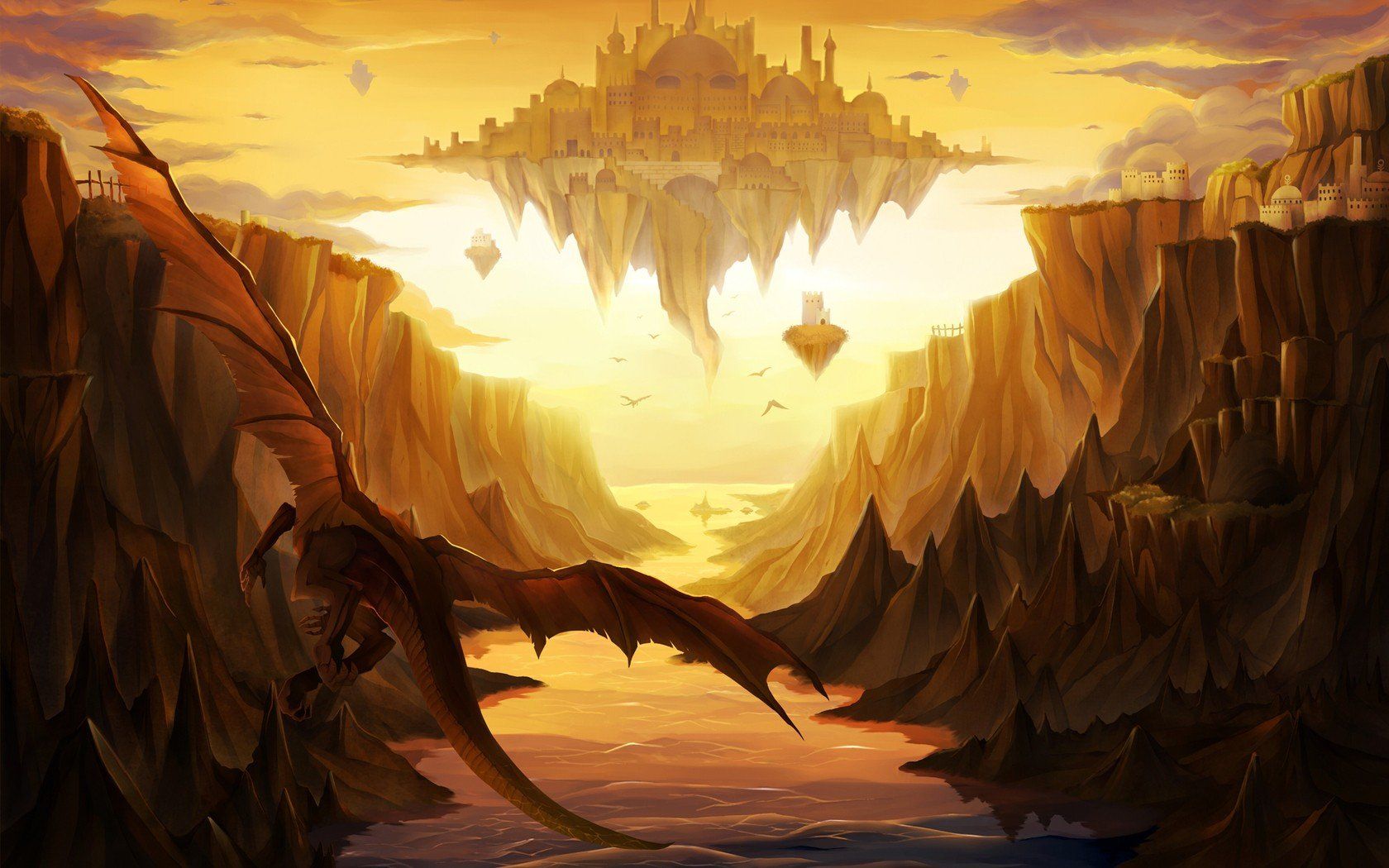 Castles dragons valleys rocks fantasy art floating islands