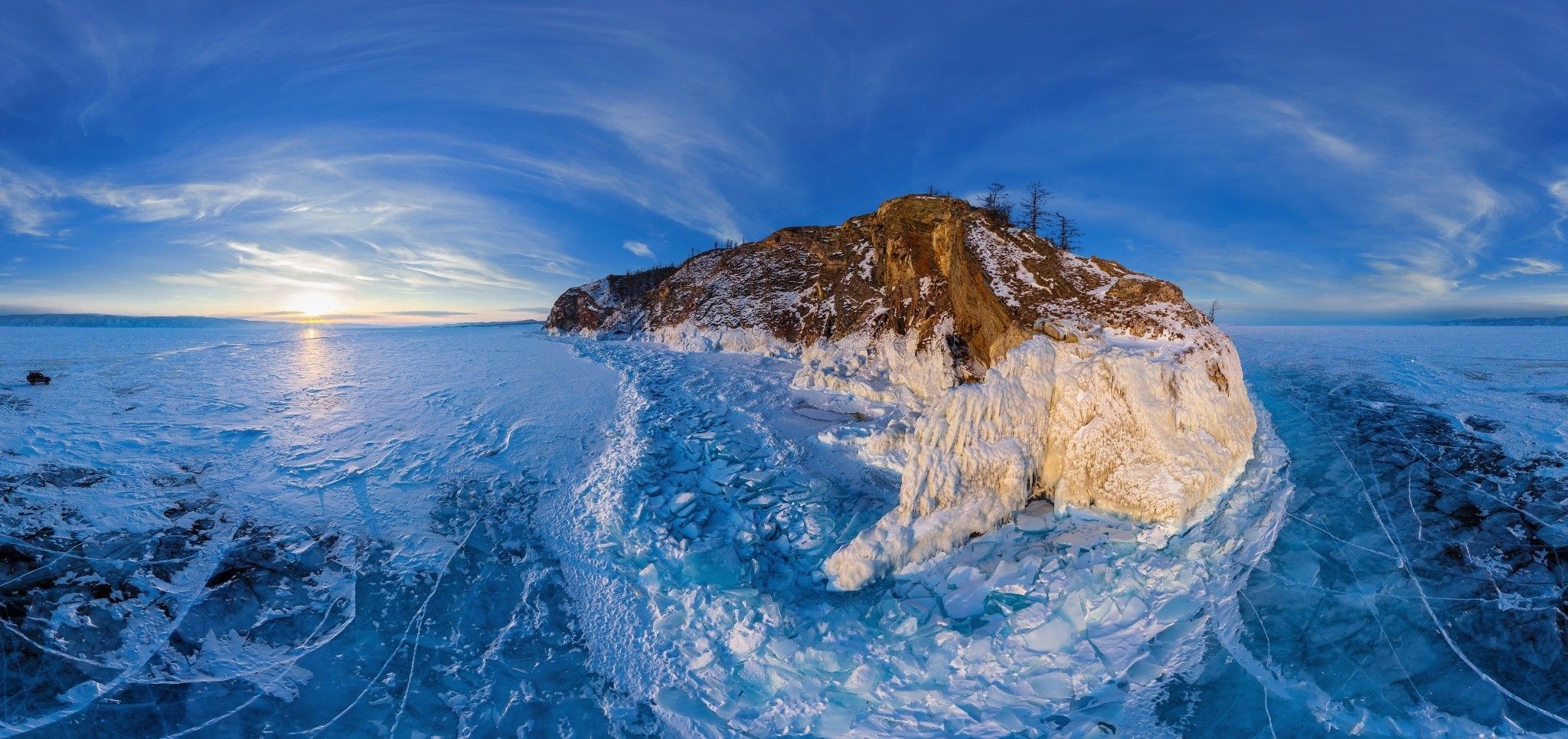 Lake Baikal, Winter, Ice, Frost, Lake, Clouds, Island, Sunset