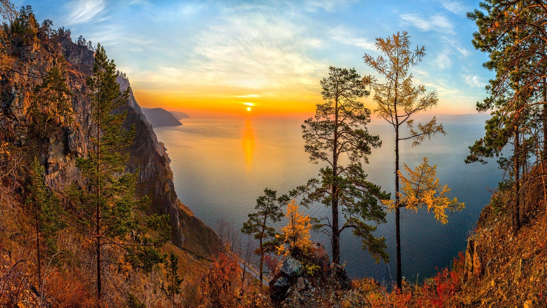 Wallpapers Russia, Lake Baikal, Siberia, trees, sunset, mountains