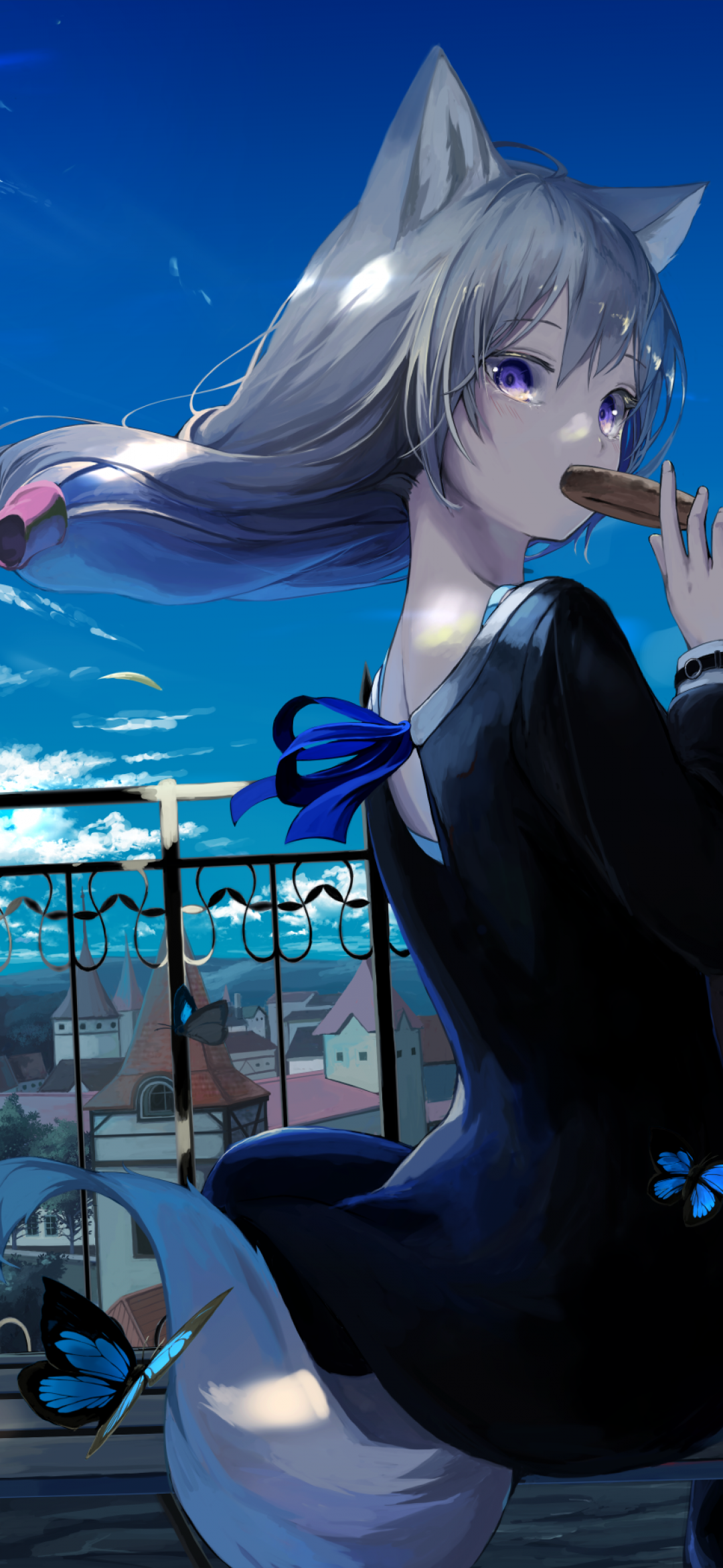 Download 1080x2340 Anime Cat Girl, Wind, City, Buildings, Fence