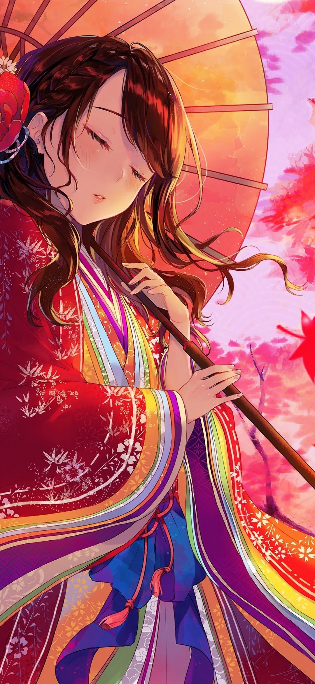 Anime, Girl, Kimono, Maple, Trees, Autumn, 4k, Wallpaper Redmi Note 8
