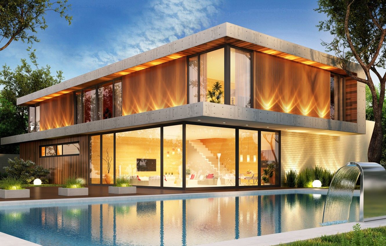 Wallpaper design, house, pool, modern, houses, villa, luxury