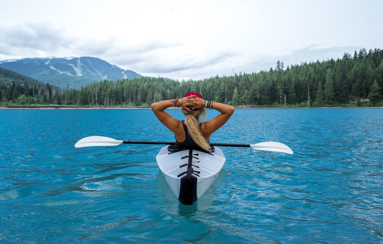 Wallpaper forest, mountains, river, blonde, relaxation, kayak