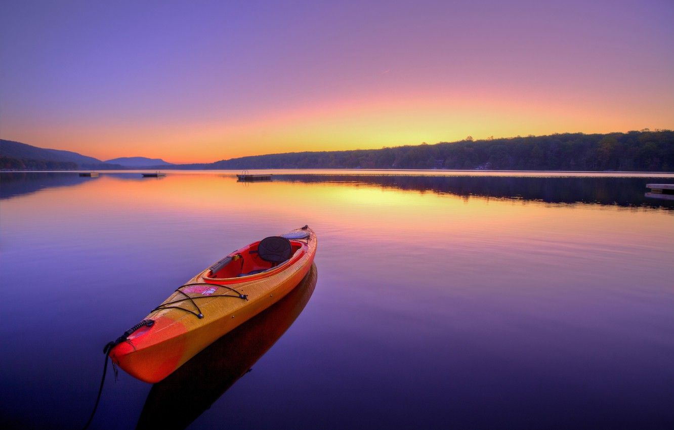 Wallpaper landscape, space, river, dawn, stay, boat, calm, silence