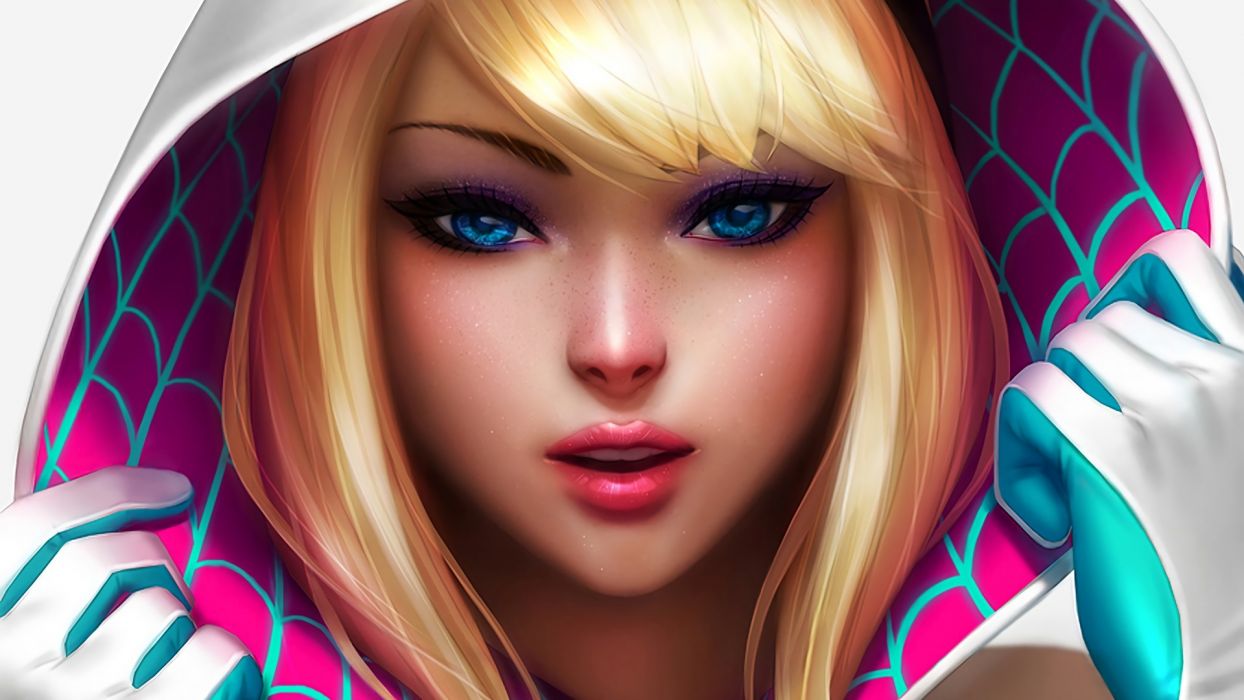 Fantasy Blonde Blue Eyes Spider Gwen Marvel Girl Art Wallpaperx1080