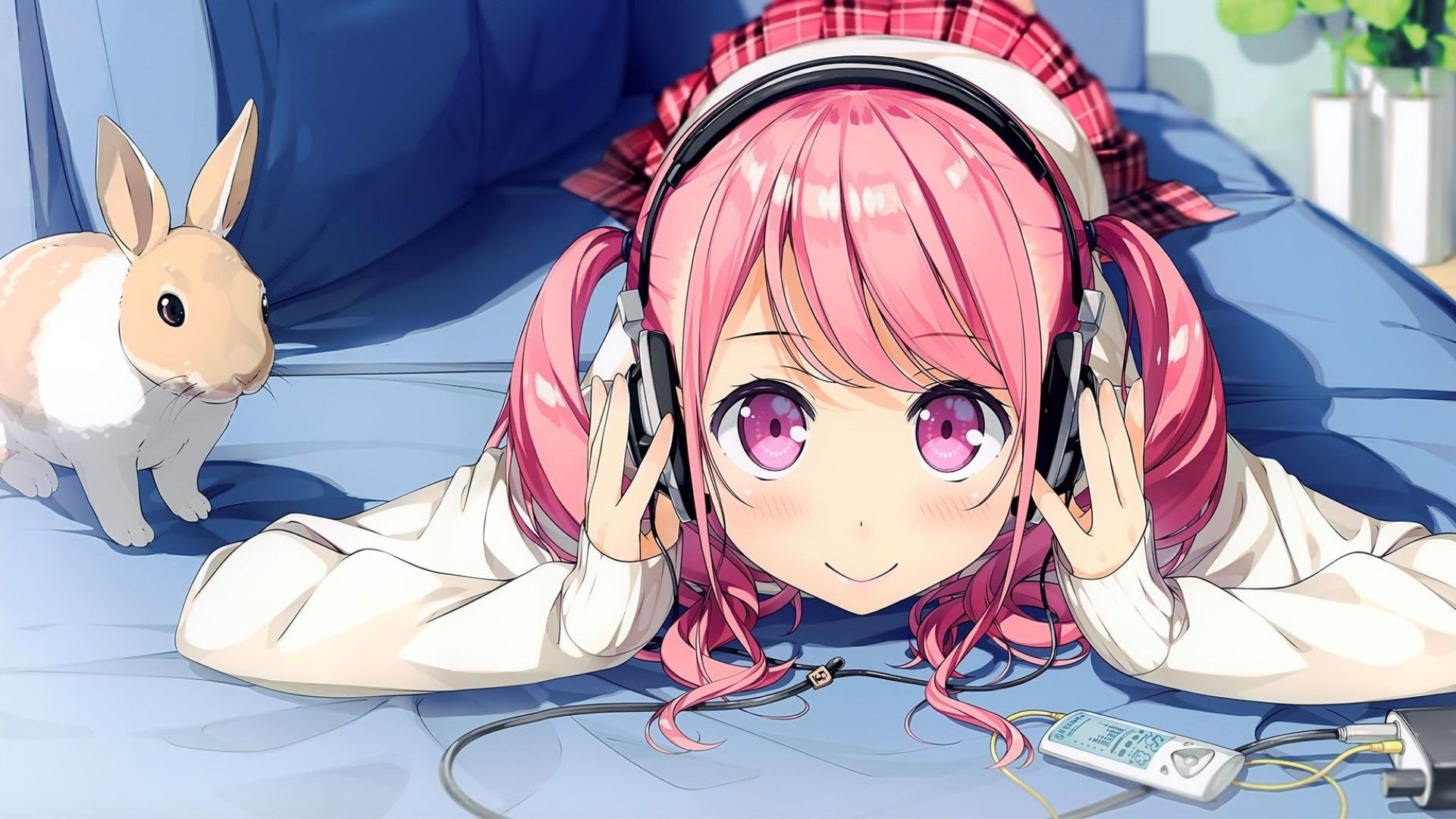 Download 1920x1080 Anime Girl, Headphones, Pink Hair, Lying Down