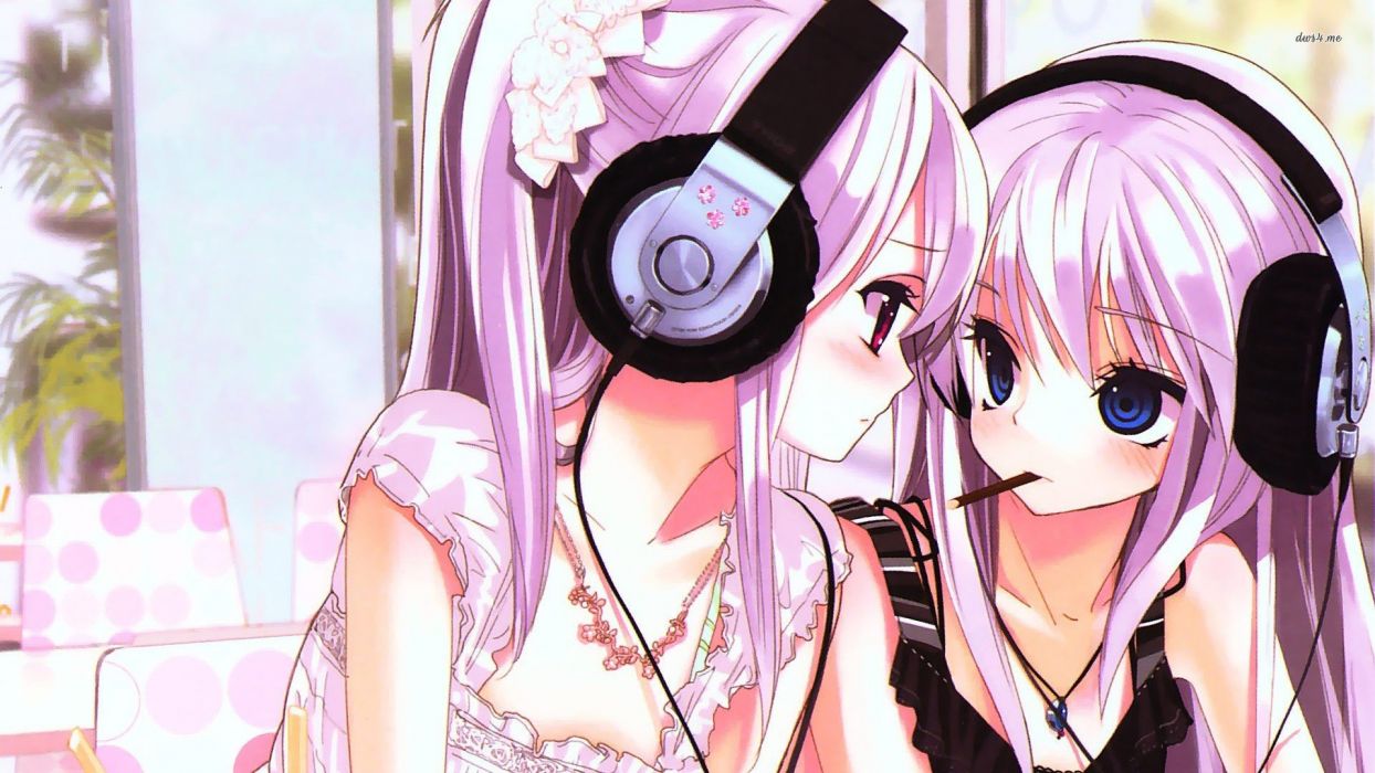 Anime girls pink hair pink and blue eyes with headphones wallpaper