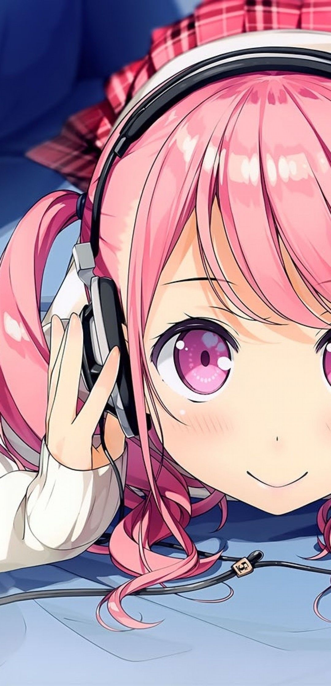 Download 1080x2240 Anime Girl, Headphones, Pink Hair, Lying Down