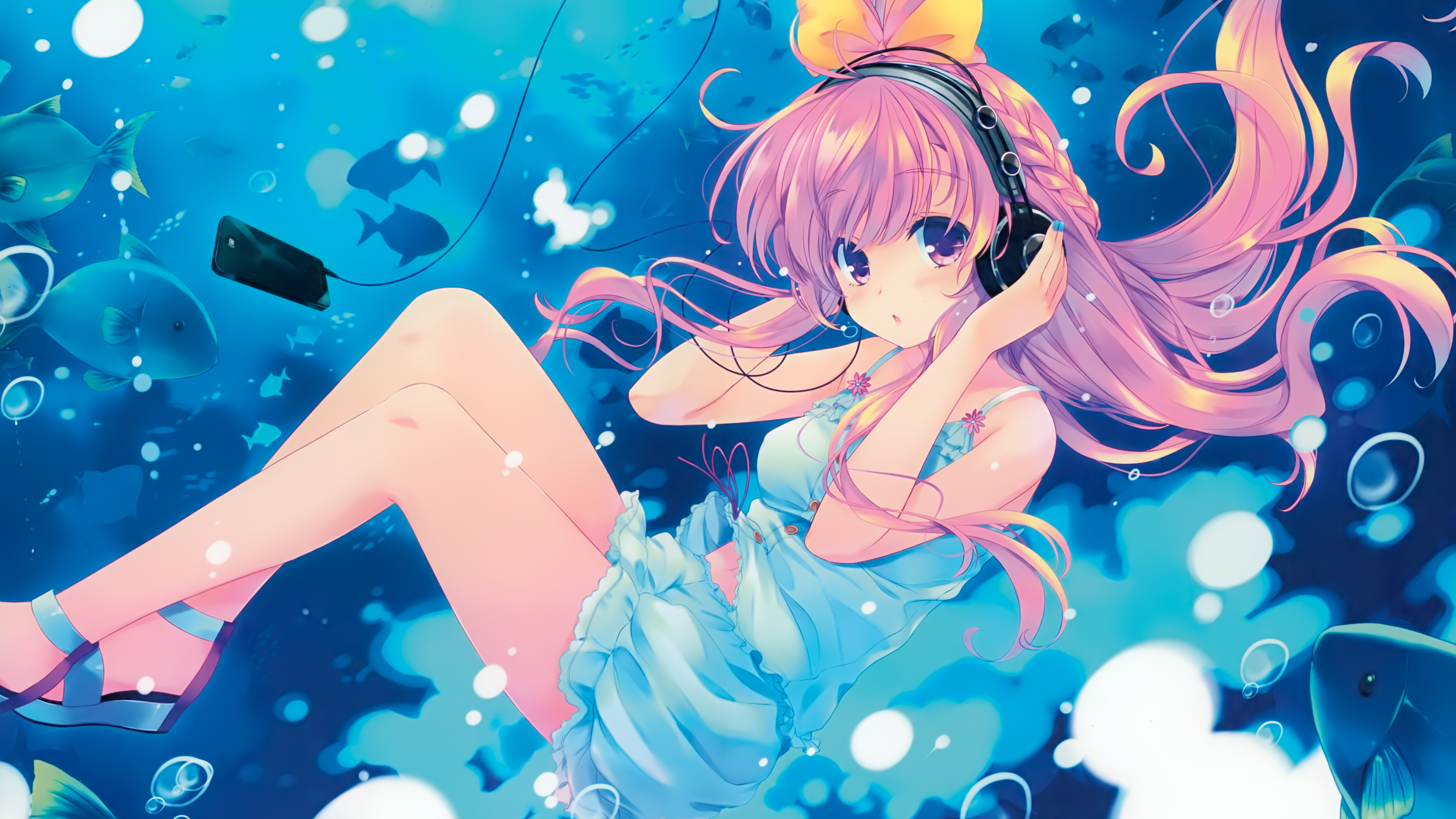 Download 3840x2160 Anime Girl, Underwater, Headphones, Pink Hair