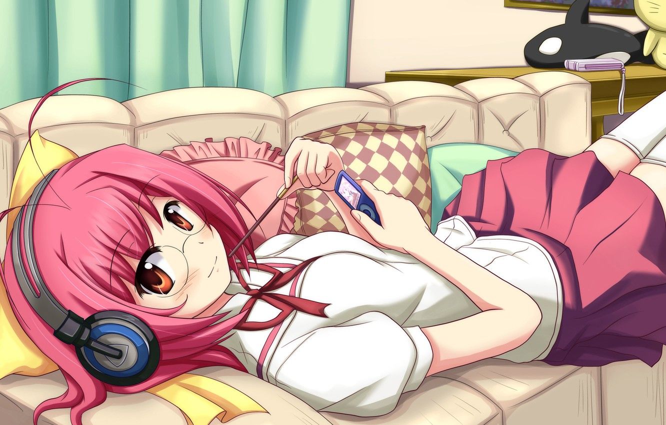 Wallpaper girl, sofa, headphones, glasses, player, lies, pink hair