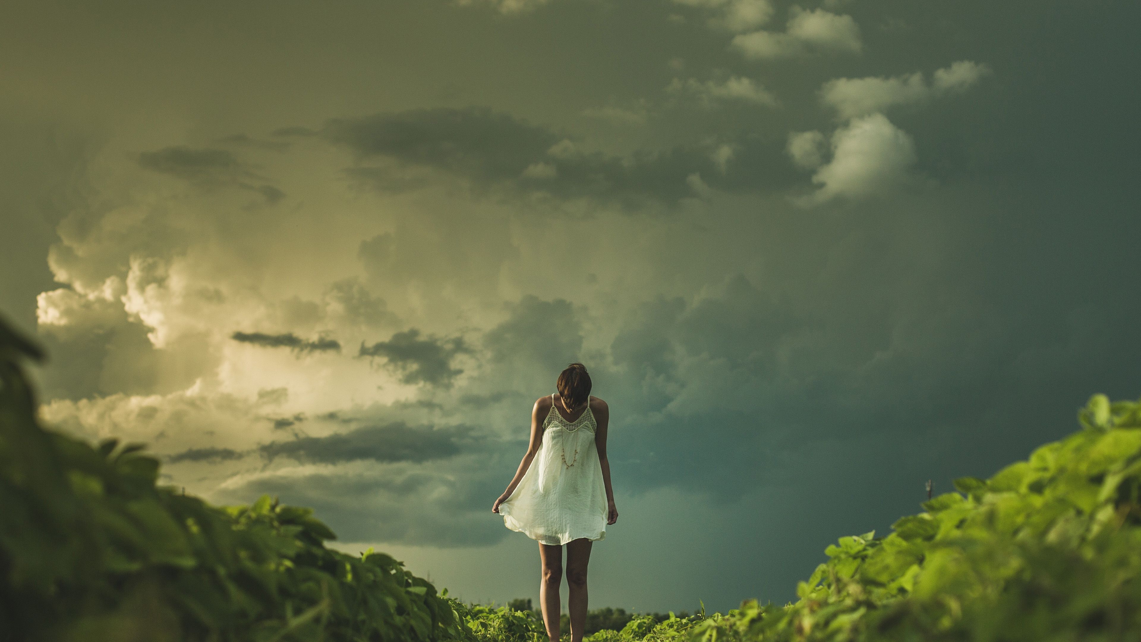 Field Girl Cloud Summer Dress Nature Wallpaper