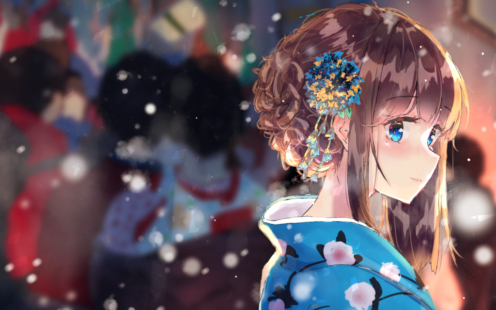 Download 1680x1050 Anime Girl, Brown Hair, Kimono, Snow, Blue Eyes