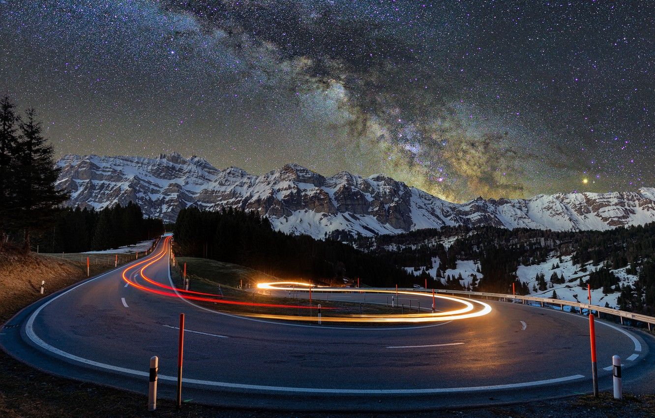 Wallpaper Lights, Road, Trees, Nature, Night, Mountains, Snow, Landscapes, Asphalt, Blur Effect, Snow Covered, Starry, 4k Ultra HD Background, Starry Night, Time Lapse Photography, Turns Image For Desktop, Section пейзажи